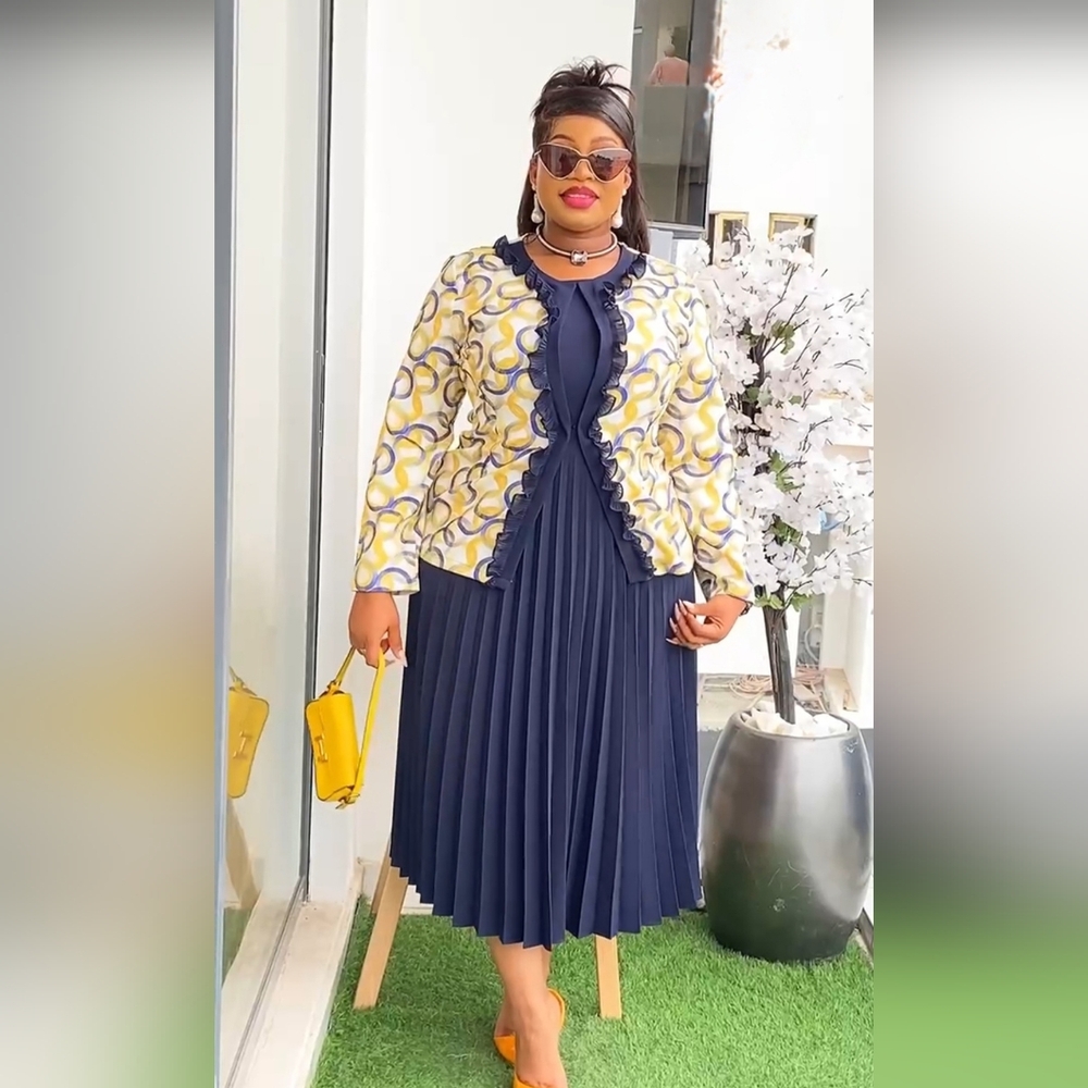 Navy Blue Dress with Yellow Patterned Cardigan